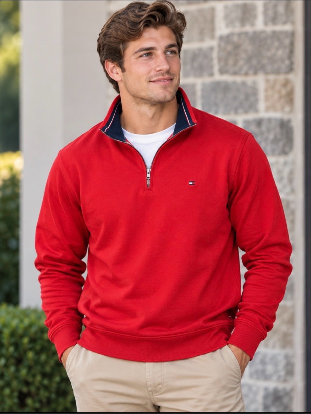 Tommy Hilfiger Men XL 1/4 Zip Pullover Sweater Red Cotton Ribbed Collar Mock